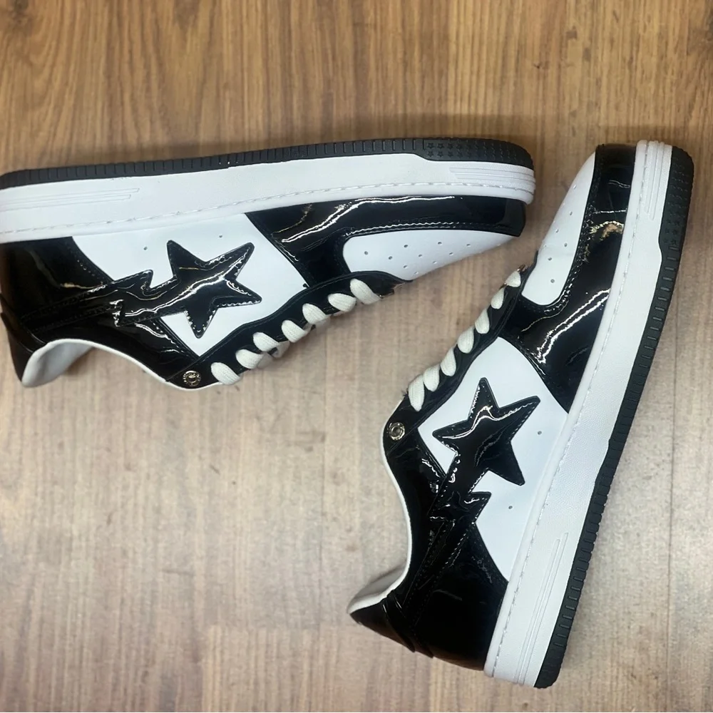 A Bathing Ape Bape Sta Low Black White Patent Leather Sneakers Streetwear Shoes - Picture 4 of 7